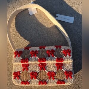 NEW Anthropologie Fiona Maeve Beaded Red Bows on Checker pattern bag small